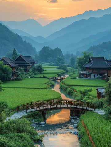 村庄稻田小桥流水