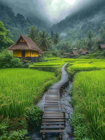 村庄稻田小桥流水