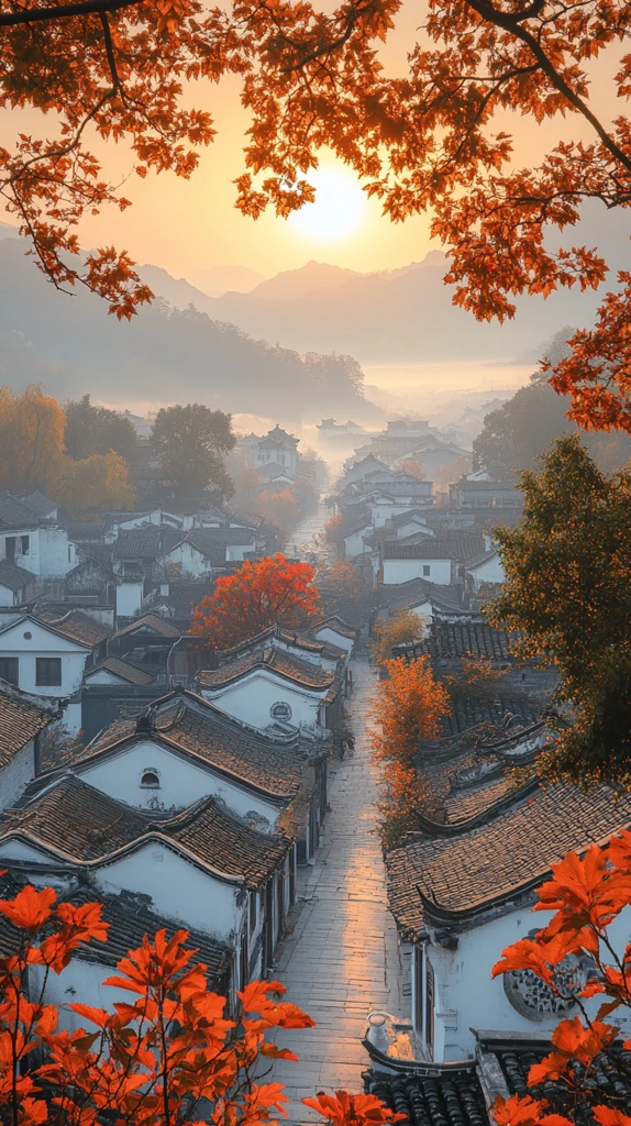 古墙黄瓦秋雾映