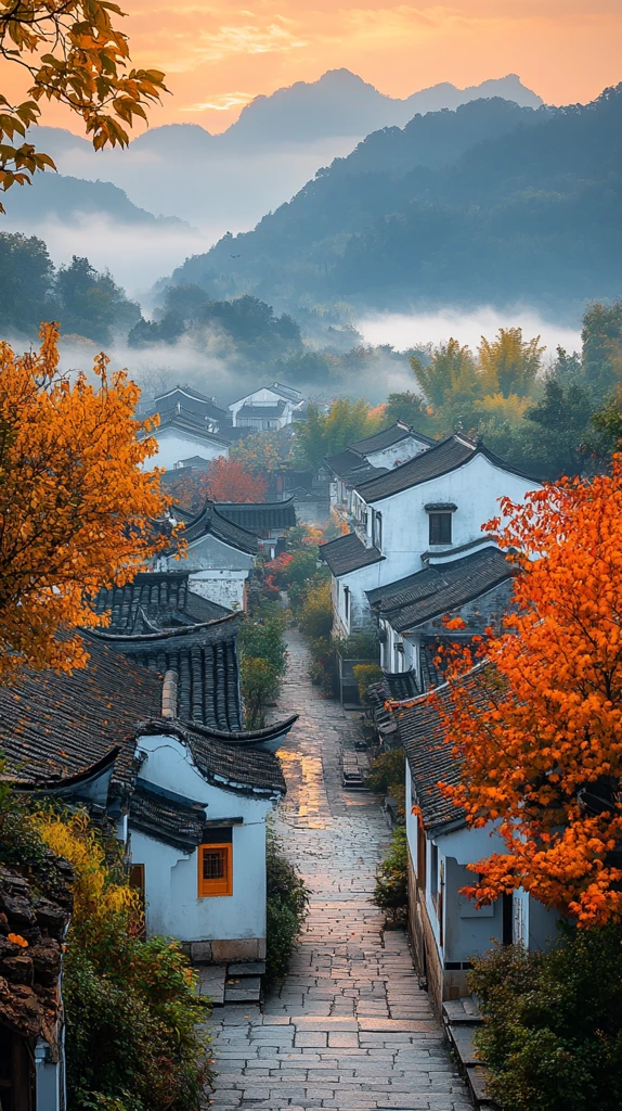 古墙黄瓦秋雾映