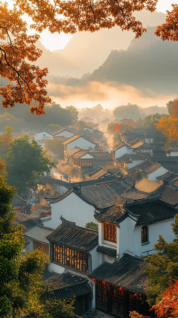 古墙黄瓦秋雾映