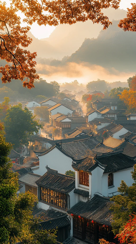 古墙黄瓦秋雾映