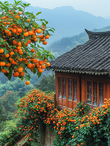 柿子树与群山暮色