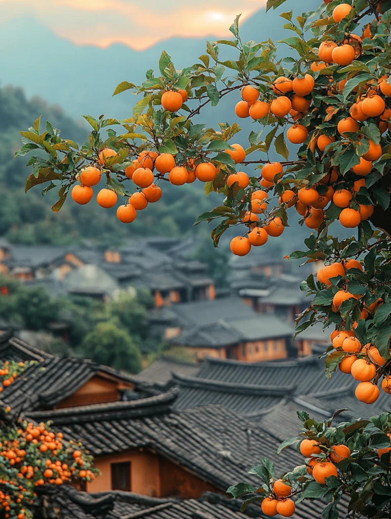 柿子树与群山暮色