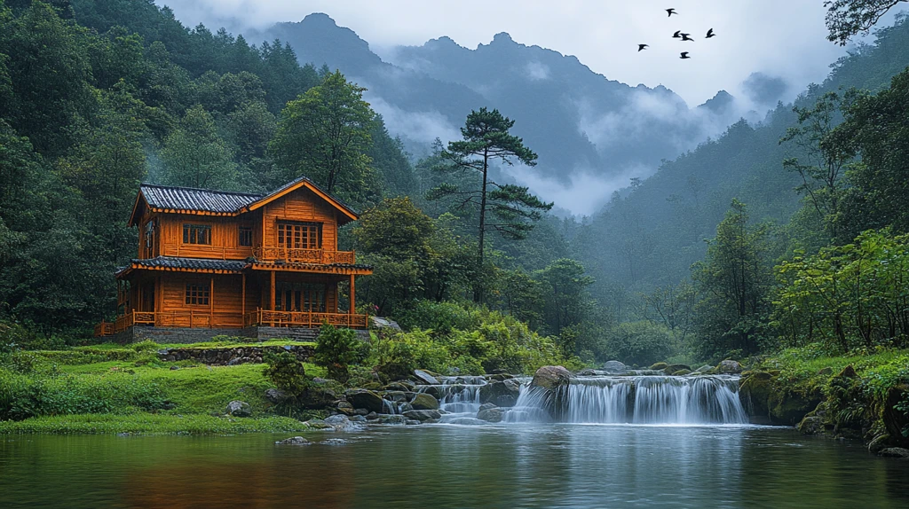 山村木屋溪边美人