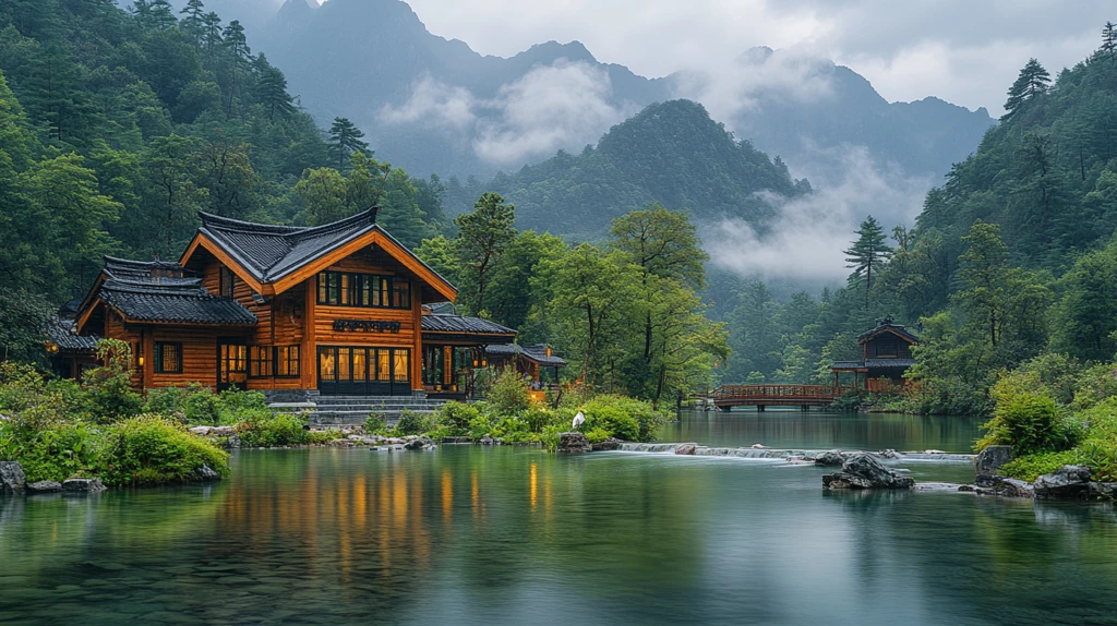 山村木屋溪边美人