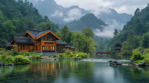 山村木屋溪边美人