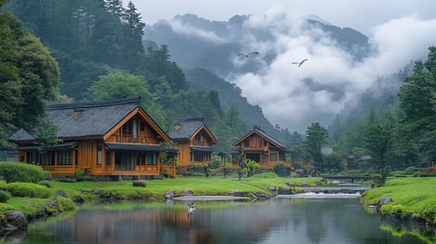 山村木屋溪边美人