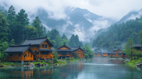 山村木屋溪边美人