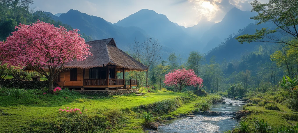 桃树流水茅草屋