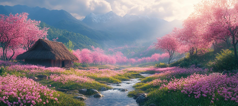 桃树流水茅草屋