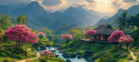 桃树流水茅草屋