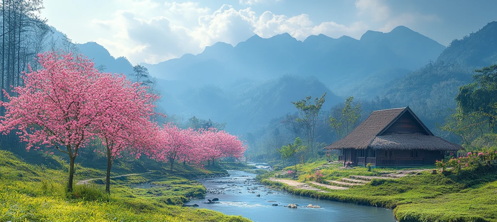 桃树流水茅草屋
