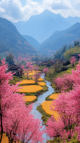 樱花油菜花田园风光