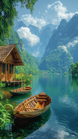 湖面船屋静谧景