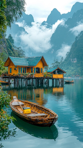 湖面船屋静谧景