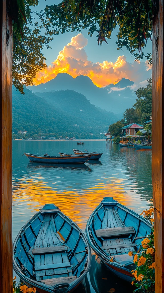 湖面船屋静谧景