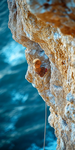 攀岩者绳索攀峭壁