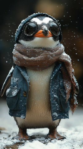 企鹅冬季装扮抬头望