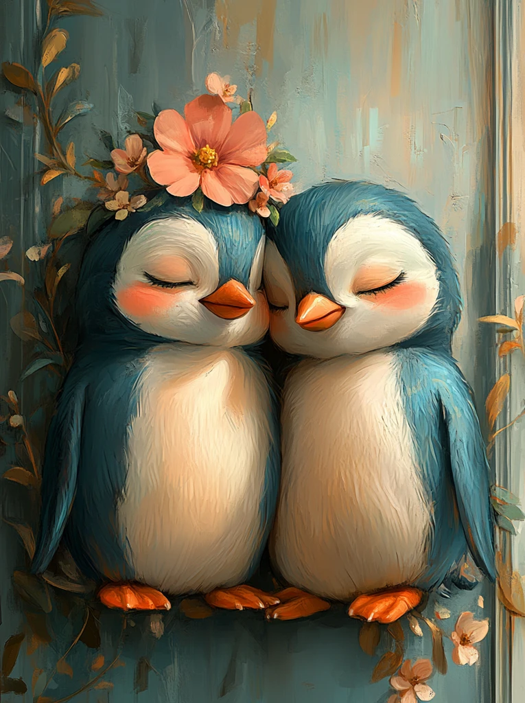 企鹅母子花冠相拥