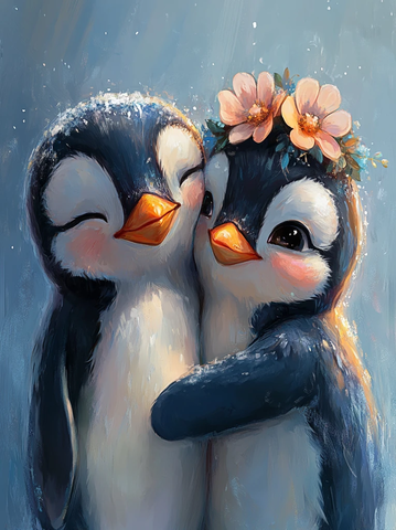 企鹅母子花冠相拥