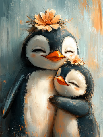 企鹅母子花冠相拥