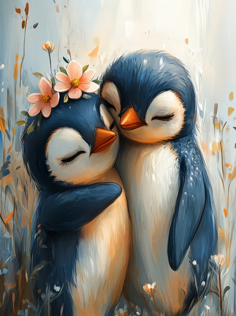 企鹅母子花冠相拥