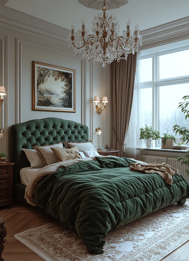 灰色卧室绿色床