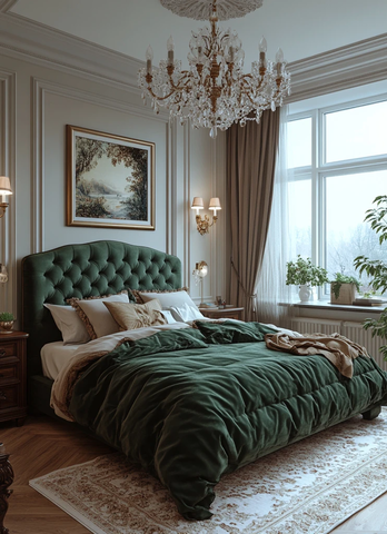 灰色卧室绿色床