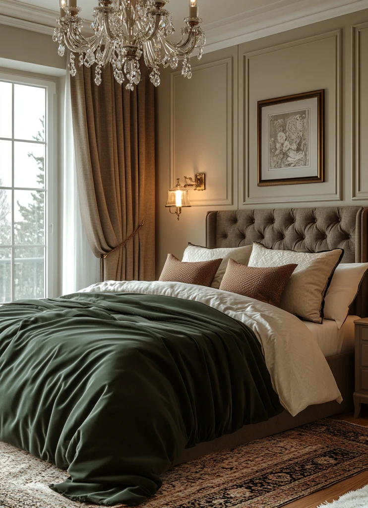 灰色卧室绿色床