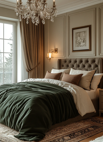 灰色卧室绿色床