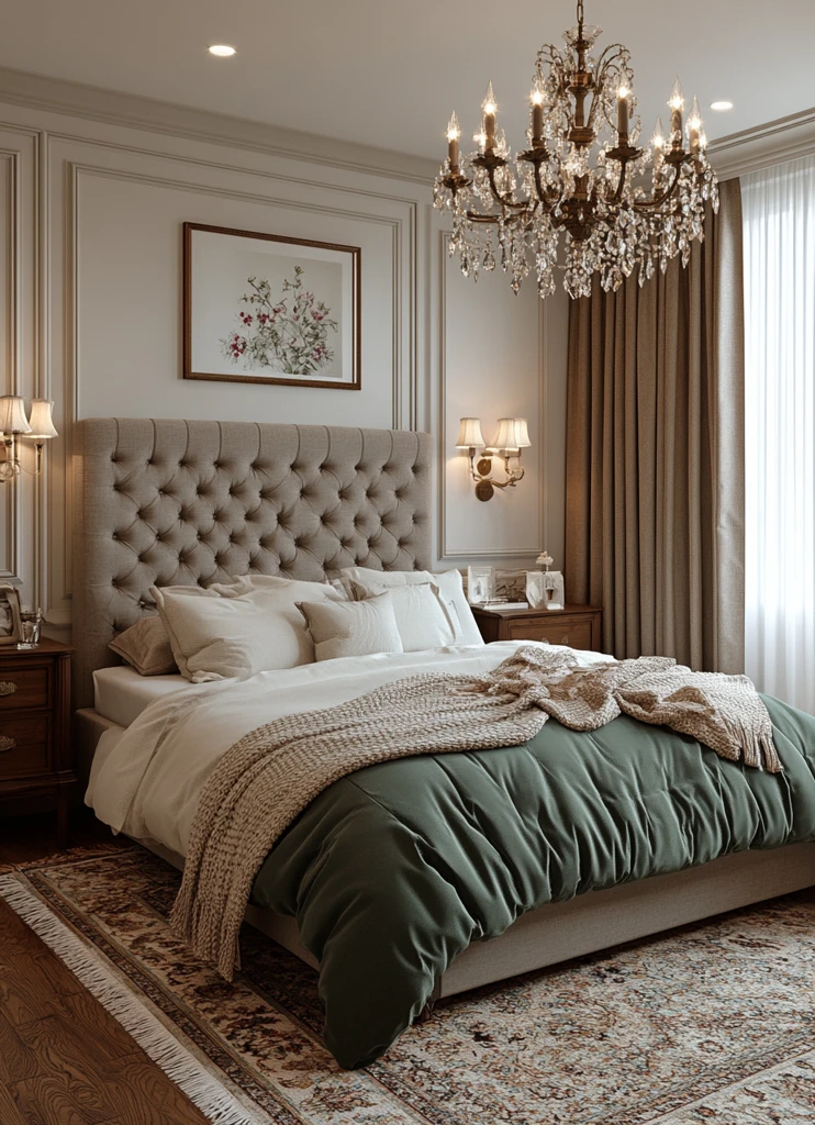 灰色卧室绿色床