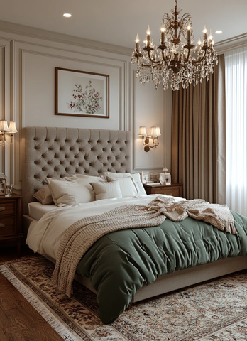 灰色卧室绿色床