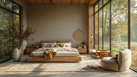 浅灰卧室搭配原木床