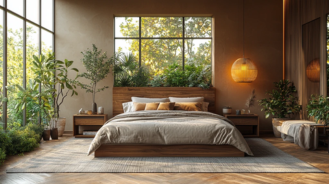 浅灰卧室搭配原木床