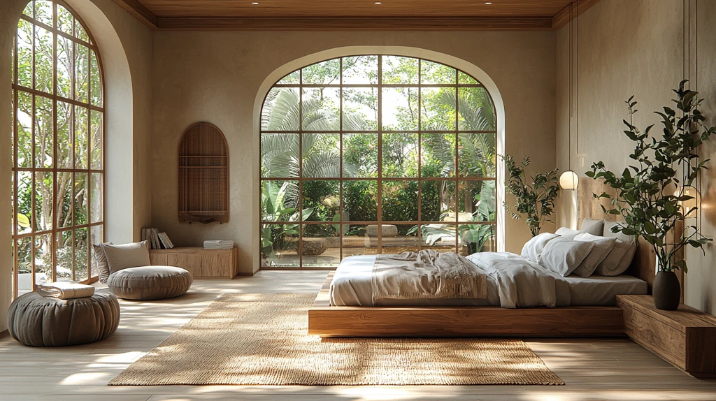 浅灰卧室搭配原木床