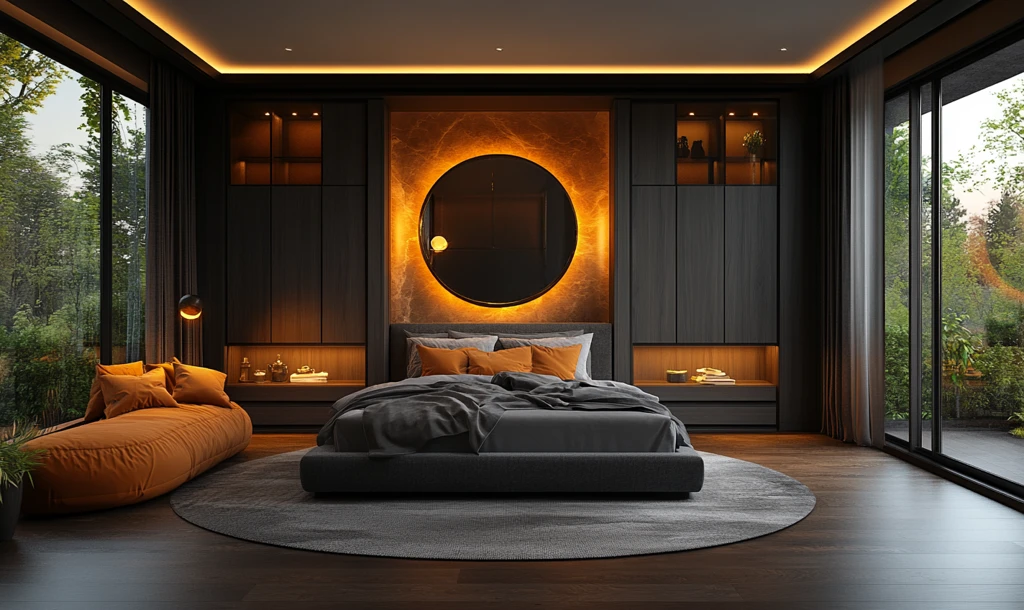 深灰木板床衣柜