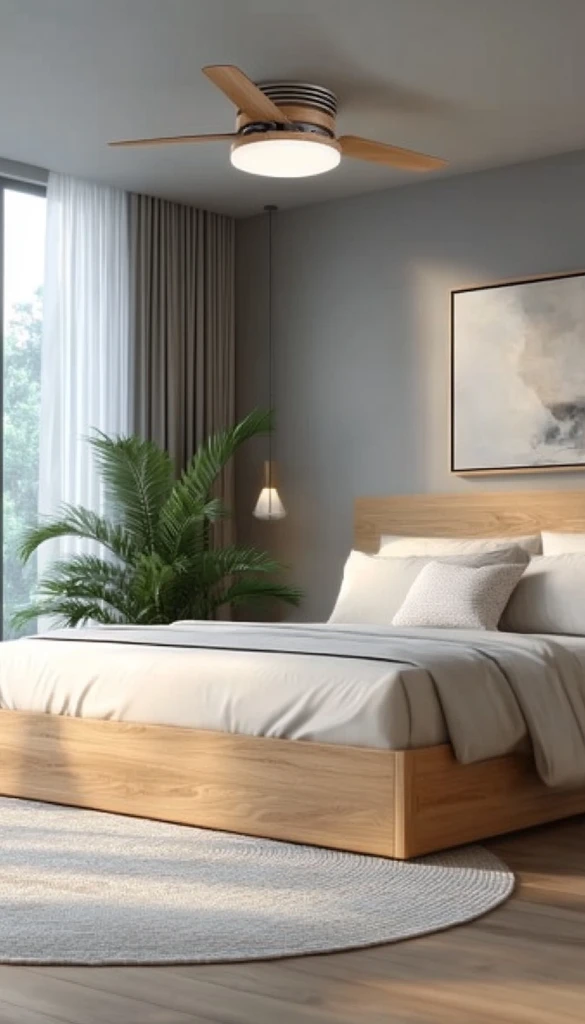 现代木床自然光窗帘