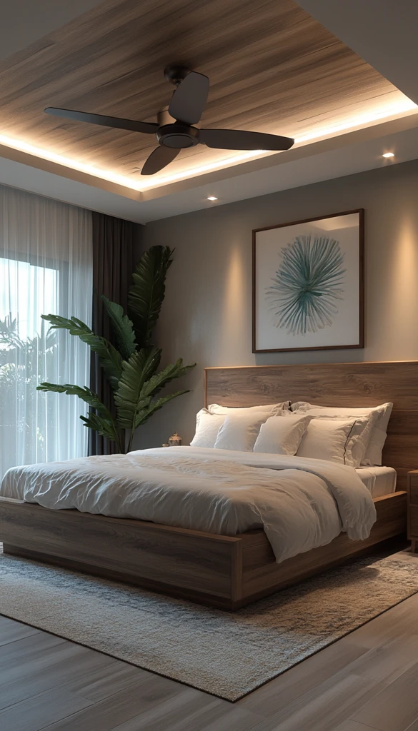 现代木床自然光窗帘