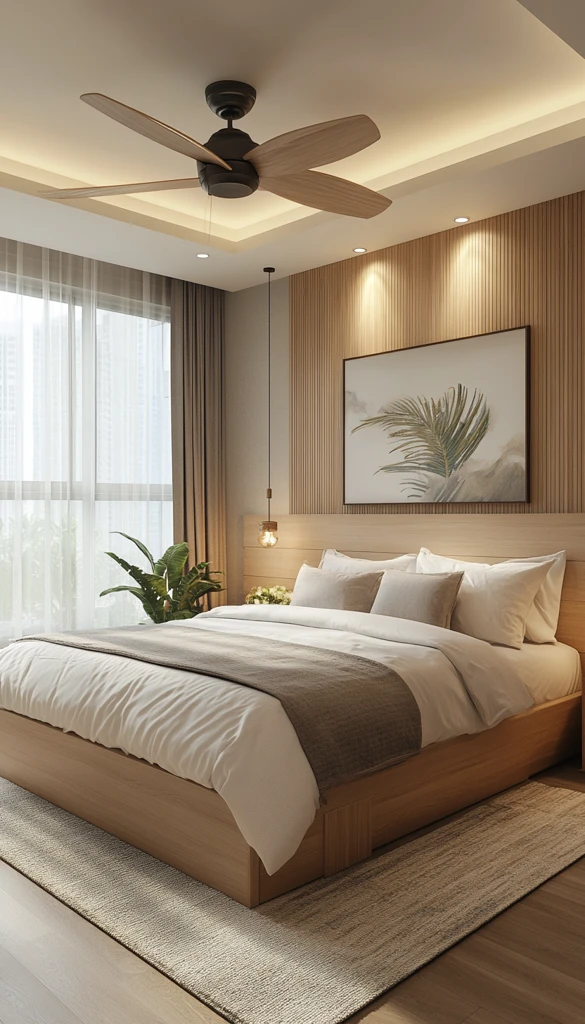 现代木床自然光窗帘