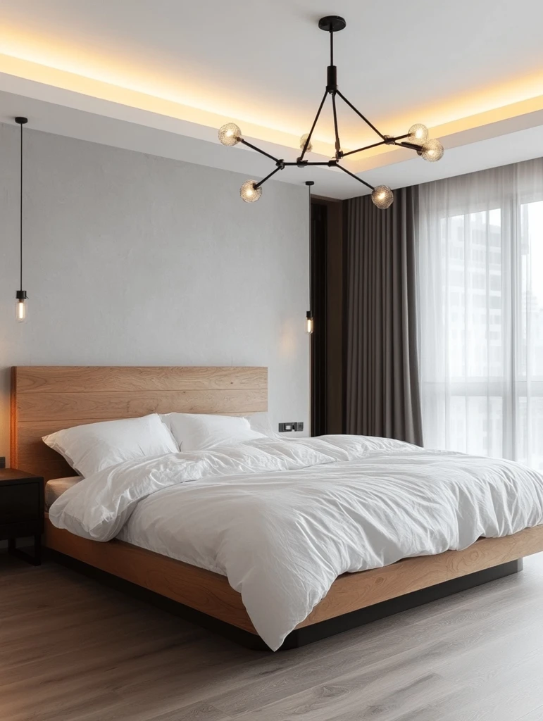 木床白墙黑桌灯