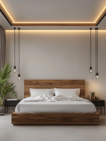 木床白墙黑桌灯