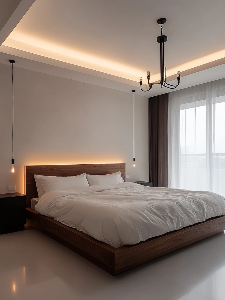 木床白墙黑桌灯