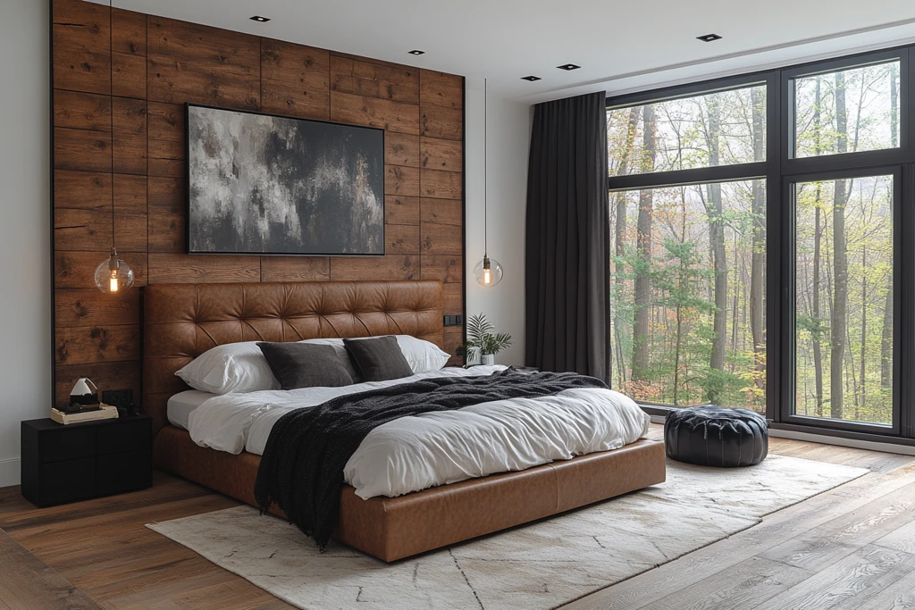 深色木板床头墙