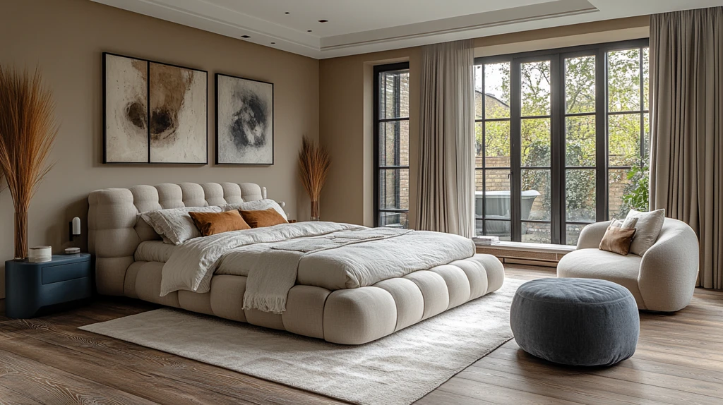 白墙木地窗边床