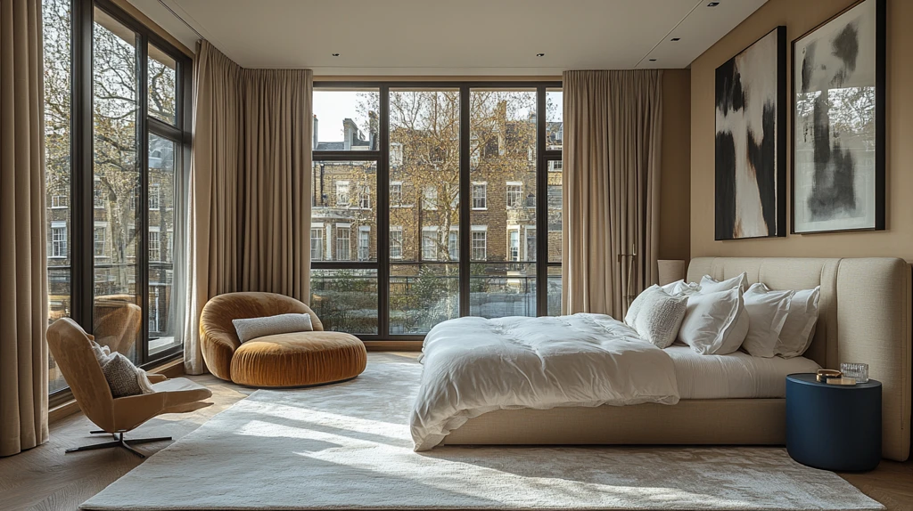 白墙木地窗边床