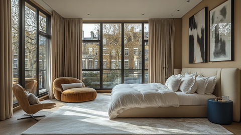 白墙木地窗边床