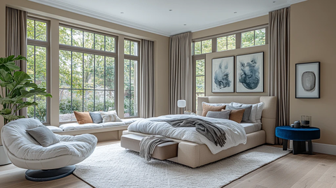 白墙木地窗边床