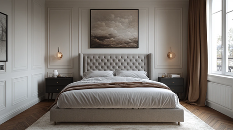 灰床白墙木地板