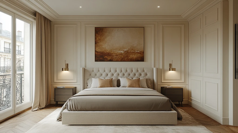 灰床白墙木地板